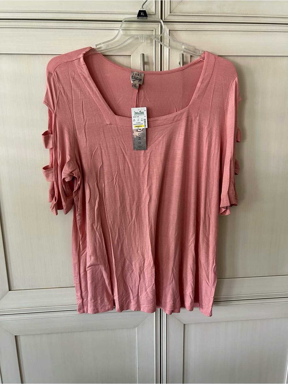 Como Vintage Pink Short Sleeve Scoop Neck Top with Ladder Sleeve Cutouts